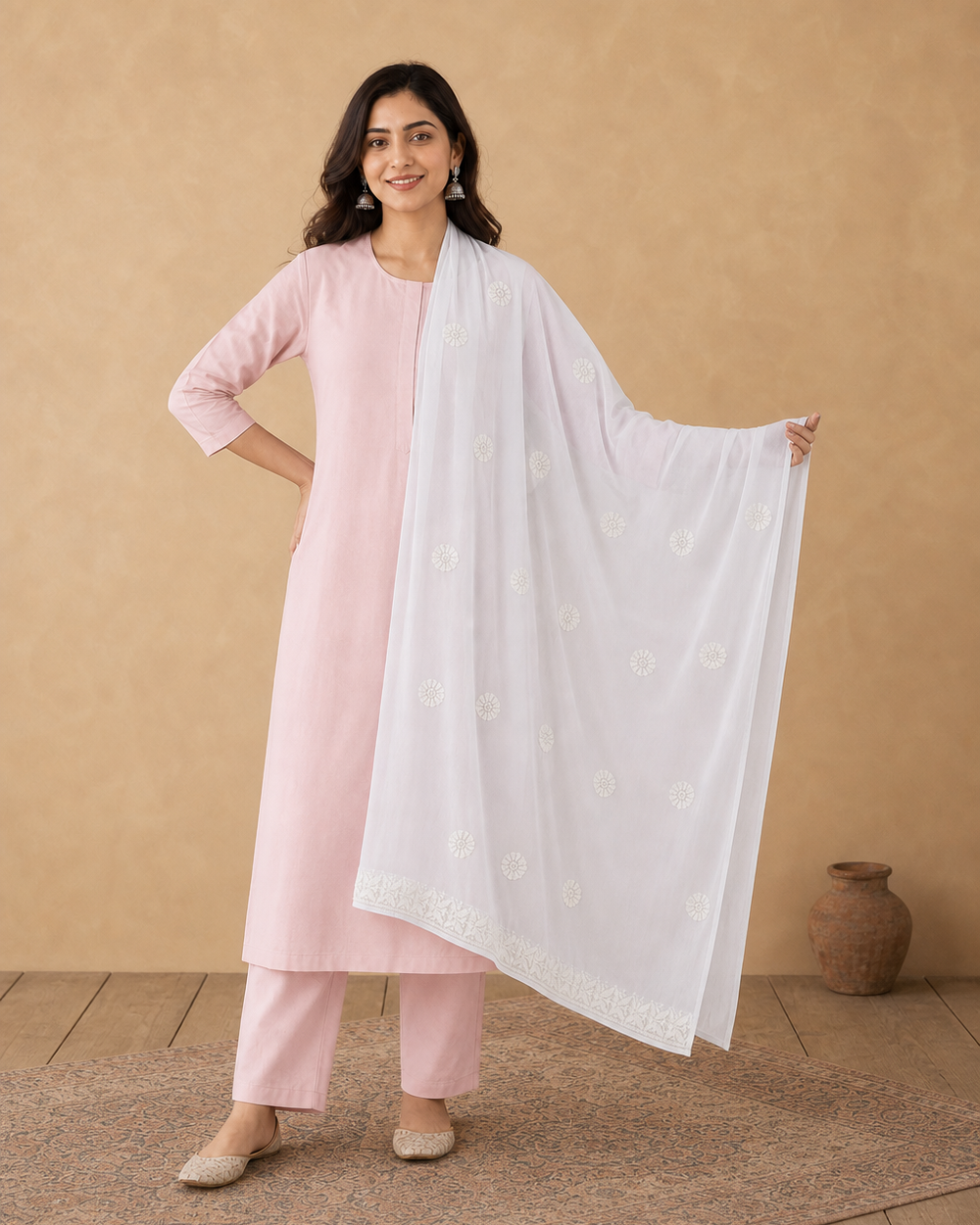 White Hand-Embroidered Chiffon Chikankari Dupatta