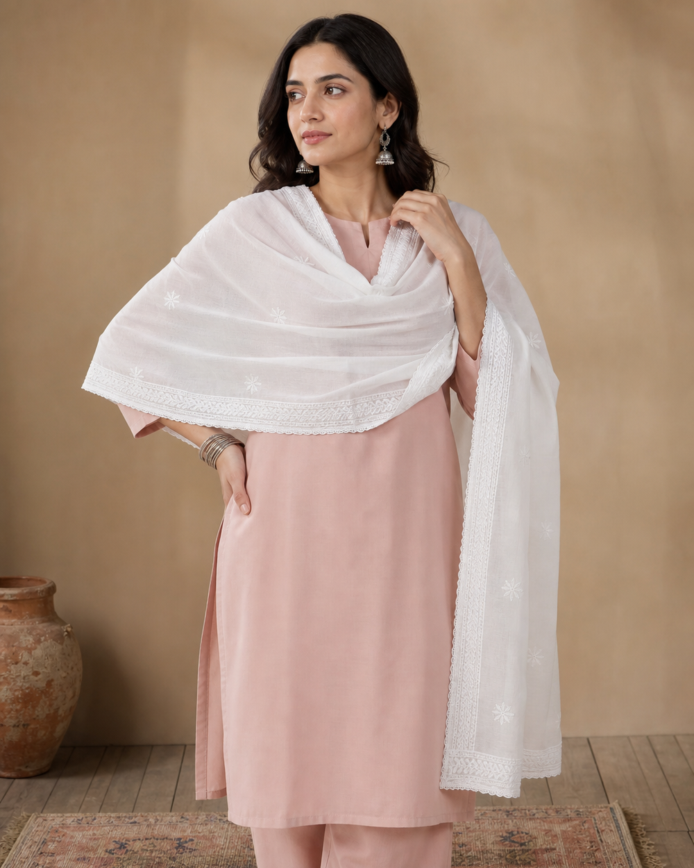 White Kota Cotton Chikankari Dupatta | Rama Chikan
