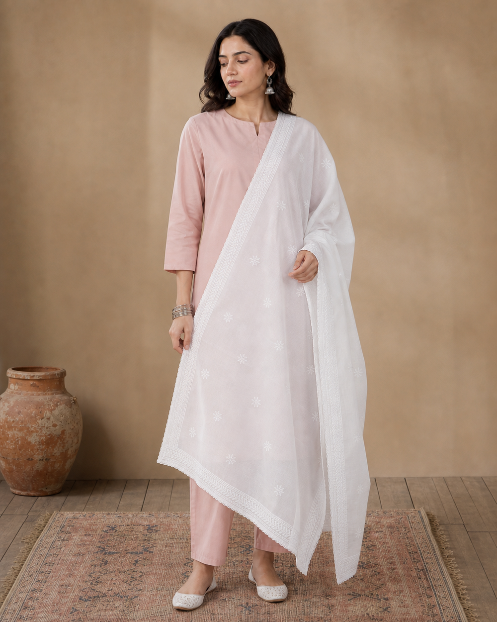 White Kota Cotton Chikankari Dupatta | Rama Chikan