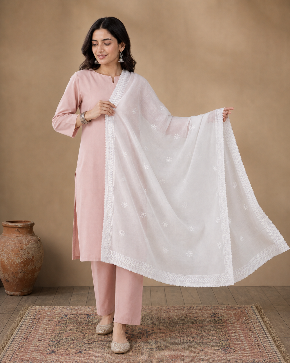 White Kota Cotton Chikankari Dupatta | Rama Chikan