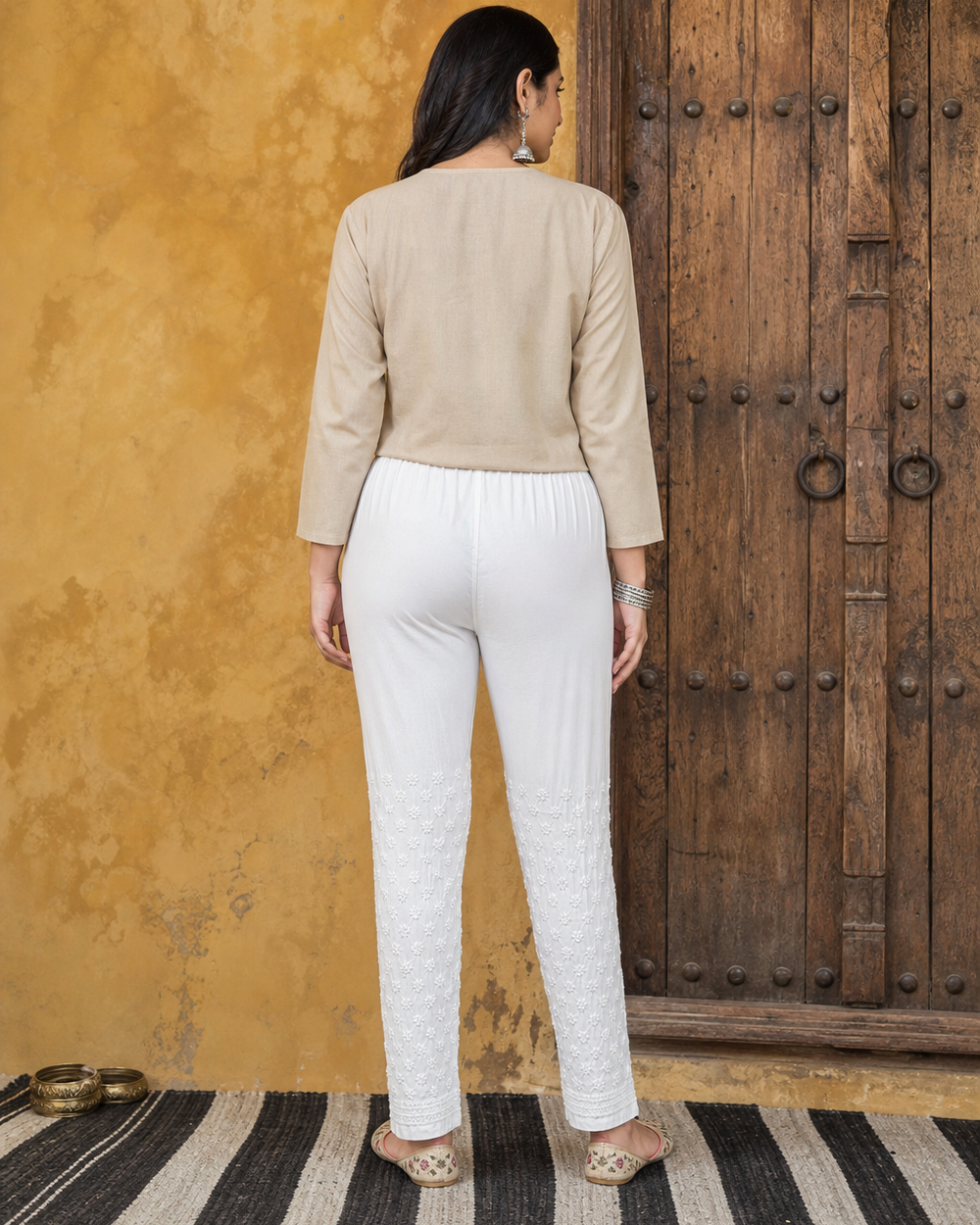 White Lycra Chikankari Women's Bottoms