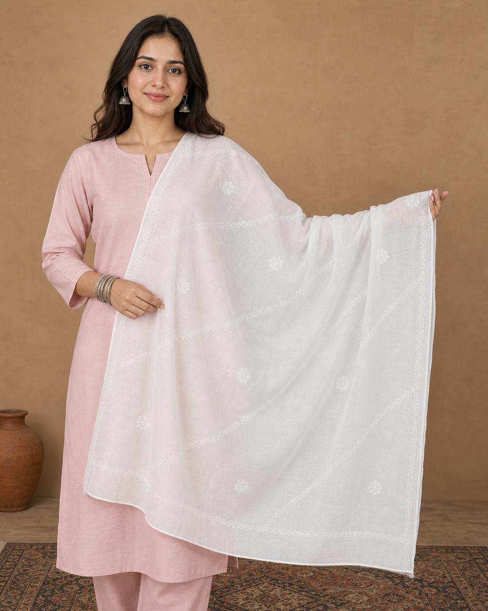 White Mulcotton Hand-Embroidered Chikankari Dupatta