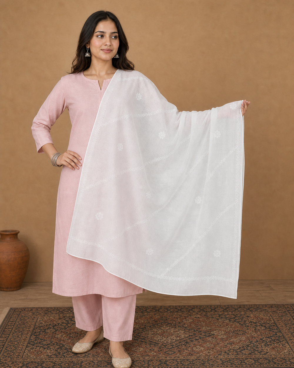 White Mulcotton Hand-Embroidered Chikankari Dupatta