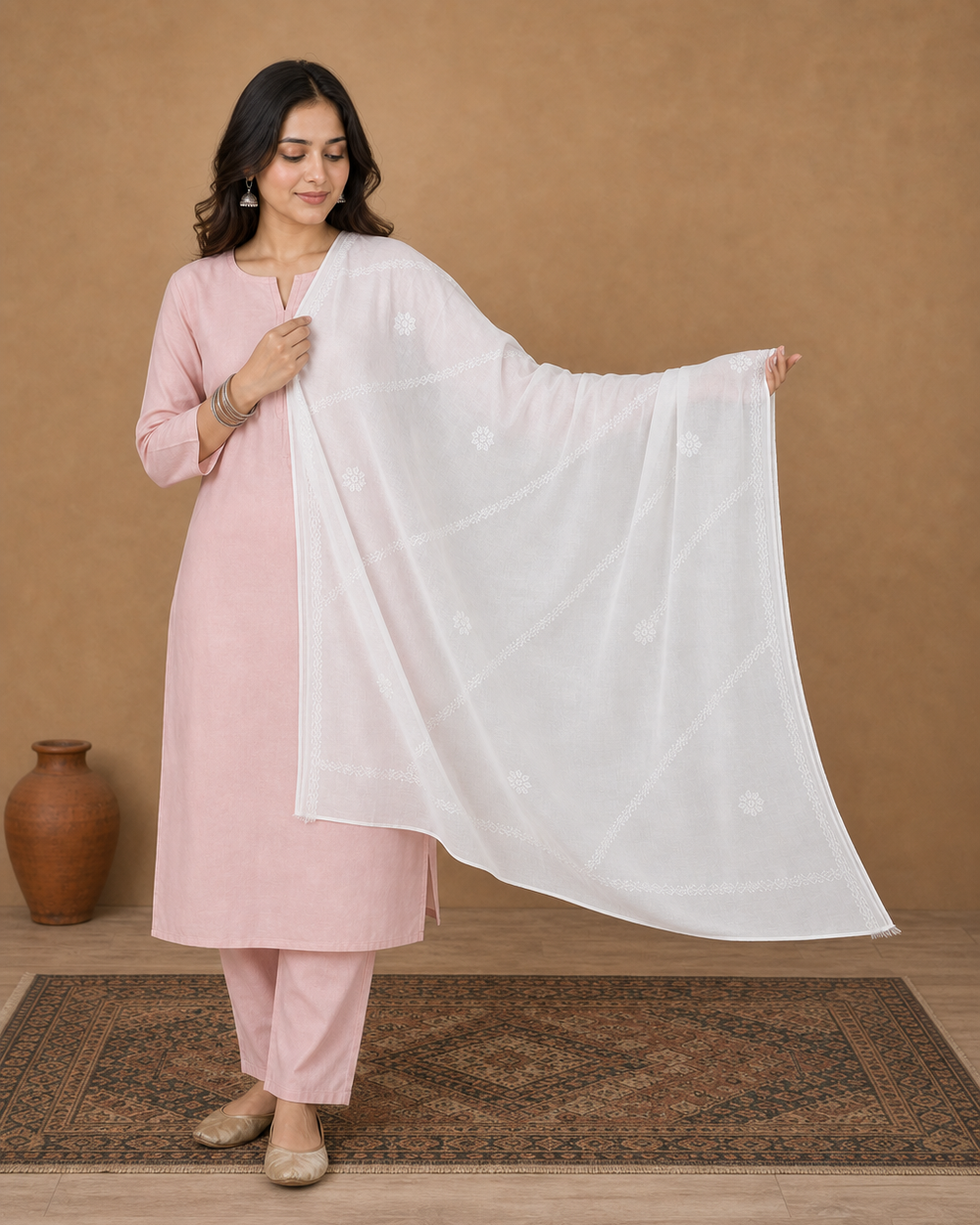 White Mulcotton Hand-Embroidered Chikankari Dupatta