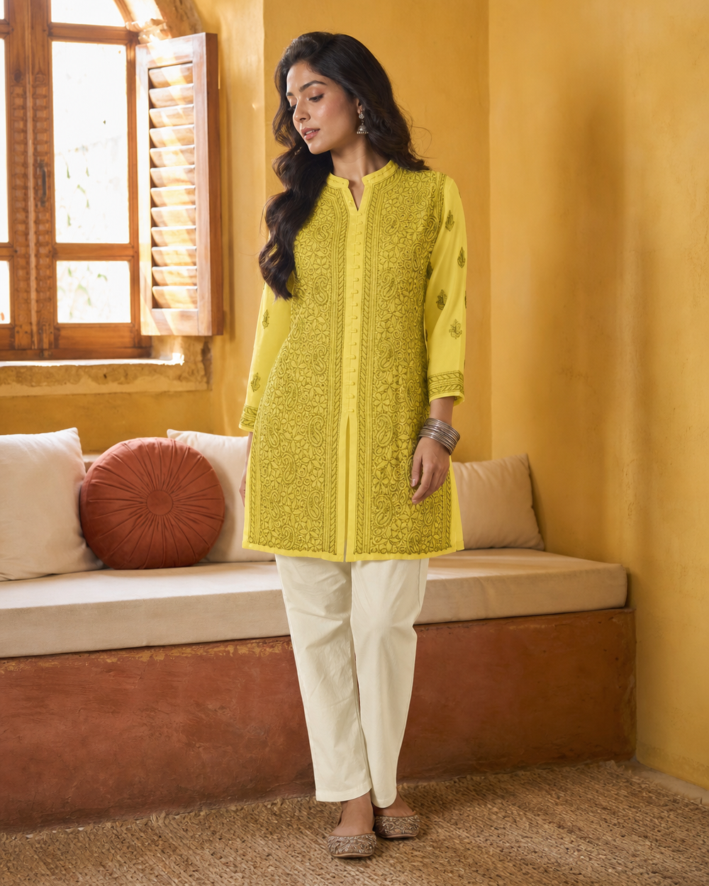 Yellow Chiffon Chikankari Kurti | Rama Chikan