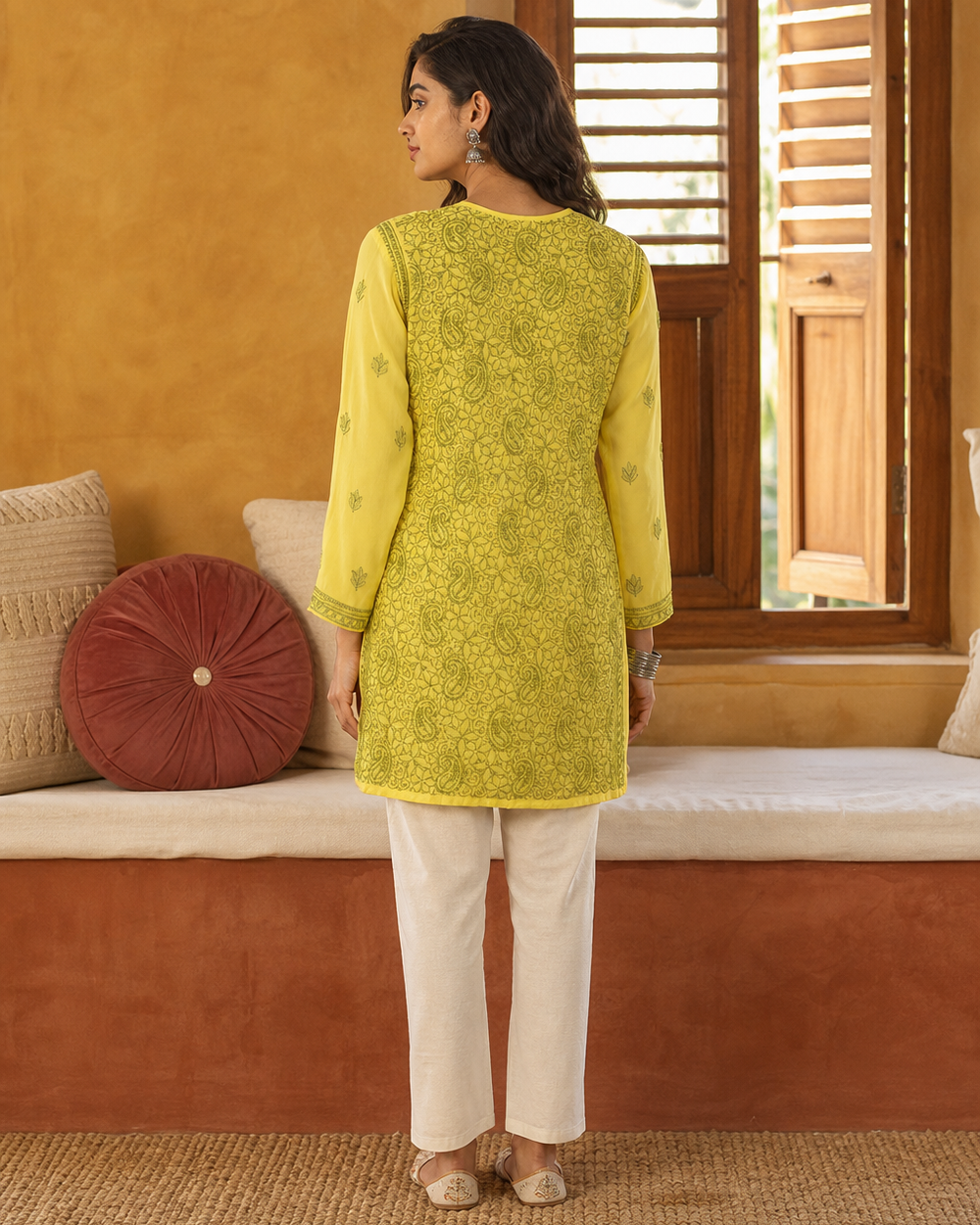 Yellow Chiffon Chikankari Kurti | Rama Chikan
