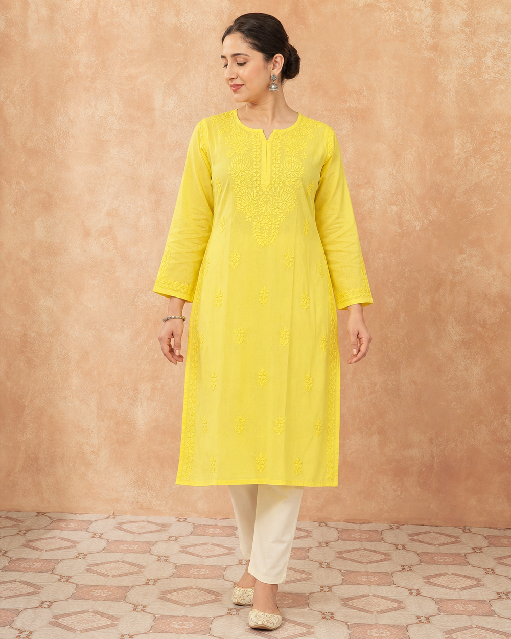 Yellow Cotton Chikankari Kurti | Rama Chikan