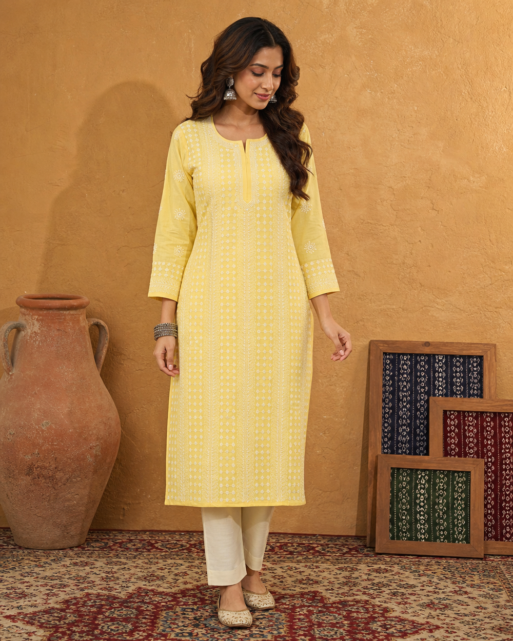 Yellow Cotton Chikankari Kurti | Rama Chikan