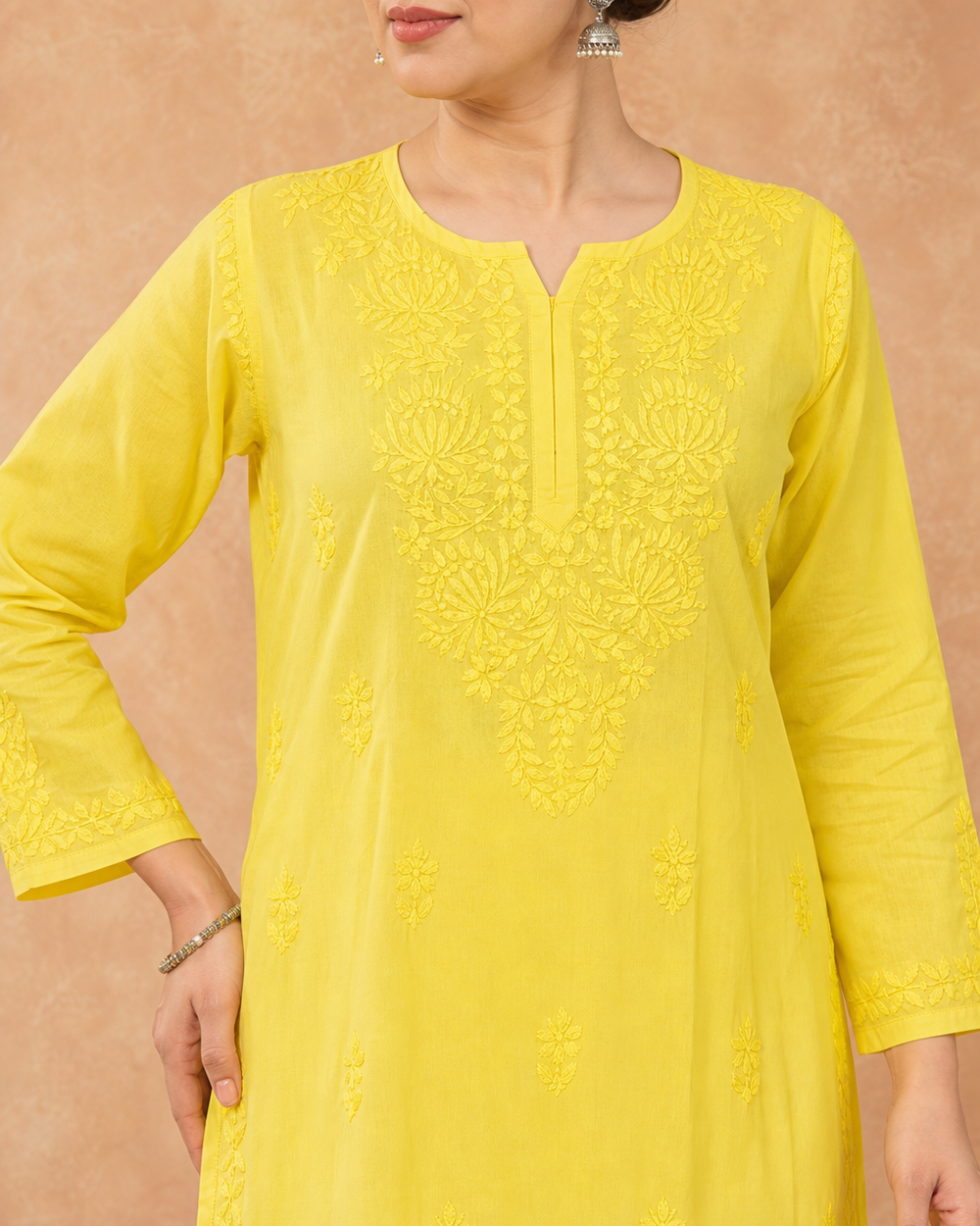 Yellow Cotton Chikankari Kurti | Rama Chikan
