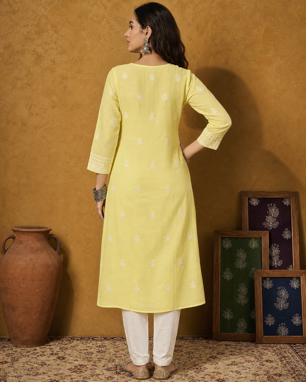Yellow Cotton Chikankari Kurti | Rama Chikan