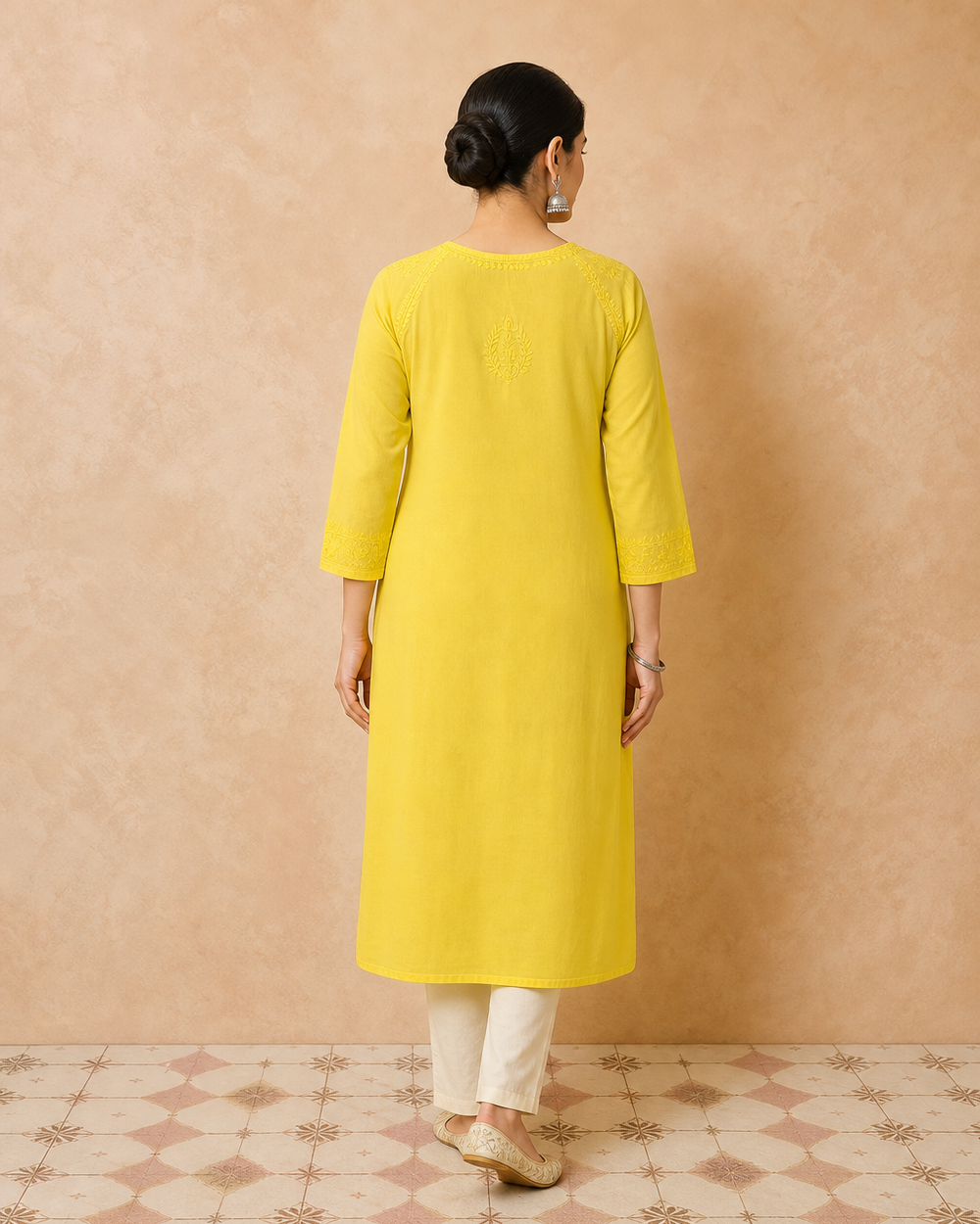 Yellow Cotton Chikankari Kurti | Rama Chikan