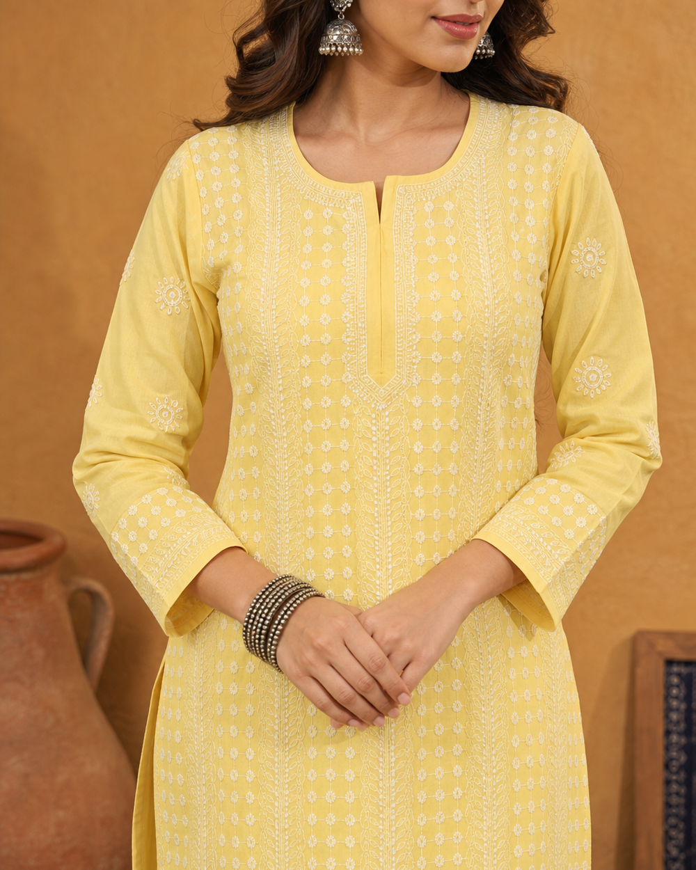 Yellow Cotton Chikankari Kurti | Rama Chikan
