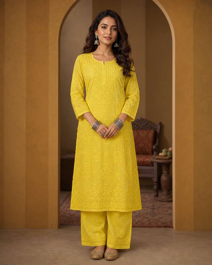 Yellow Modal Chikankari Kurti & Pyjama Set