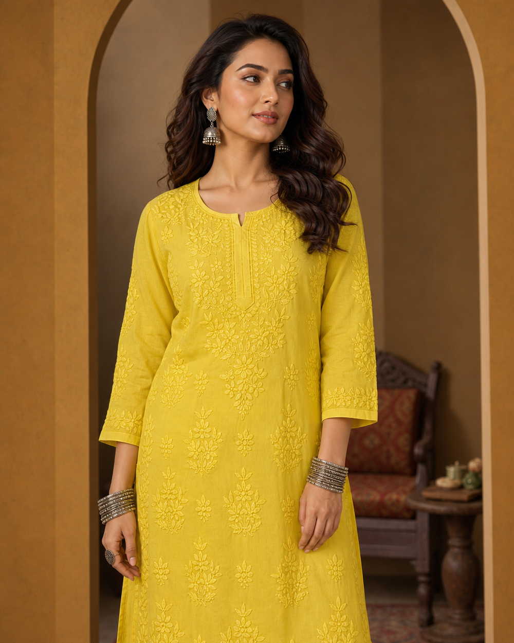 Yellow Modal Chikankari Kurti & Pyjama Set