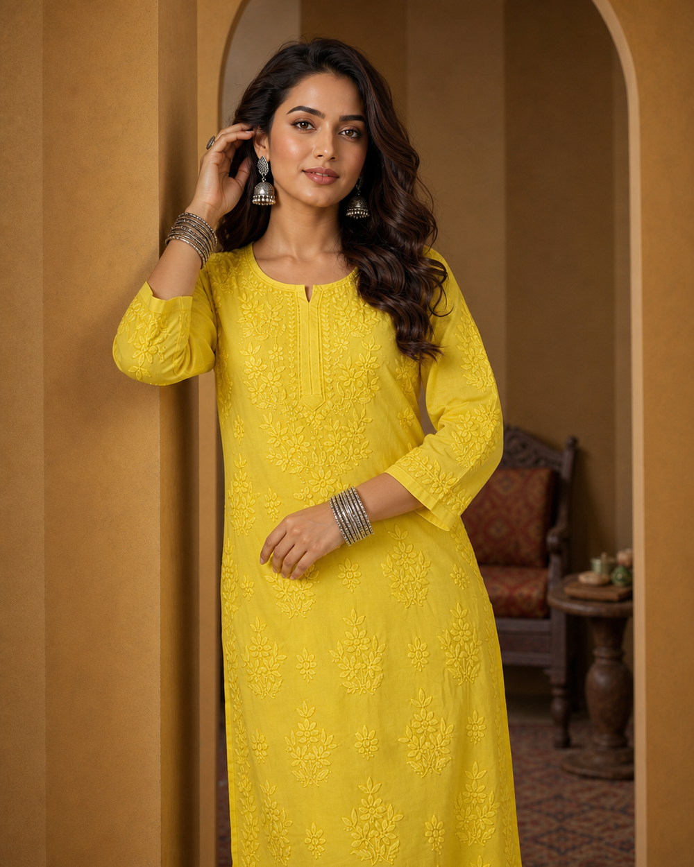 Yellow Modal Chikankari Kurti & Pyjama Set