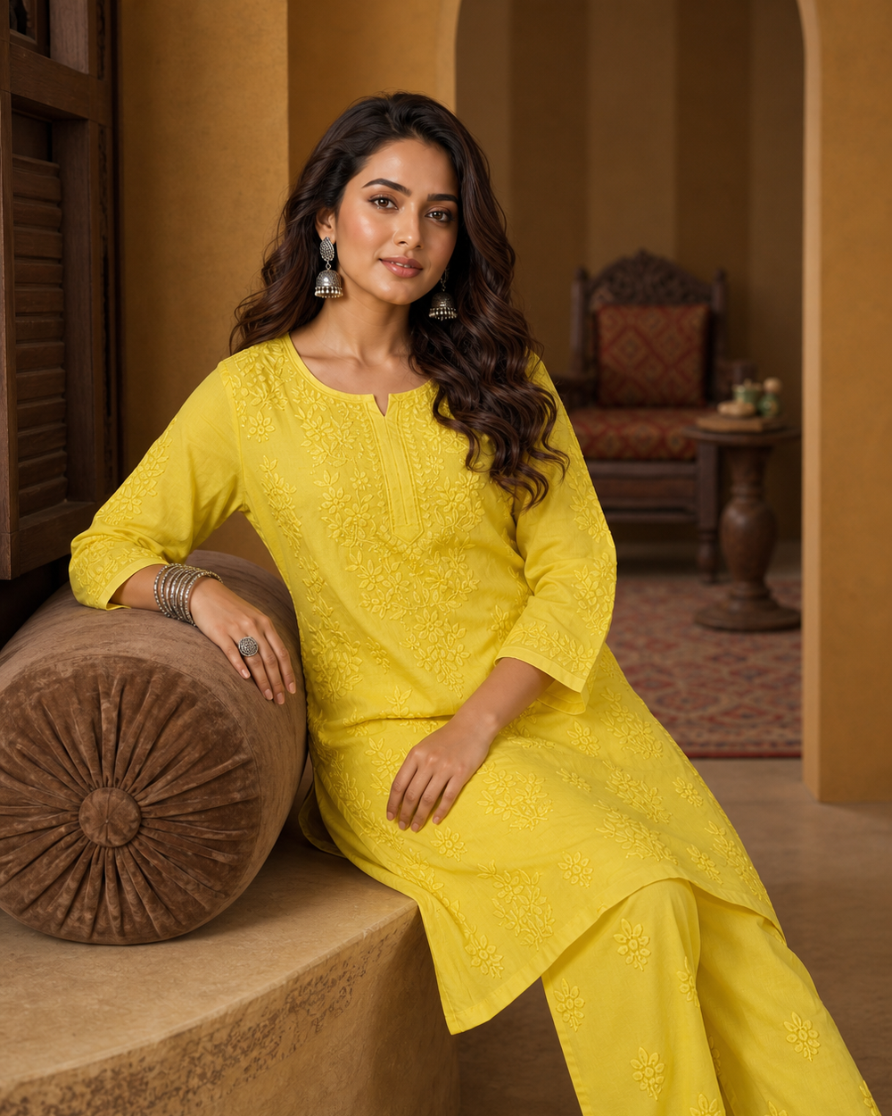 Yellow Modal Chikankari Kurti & Pyjama Set