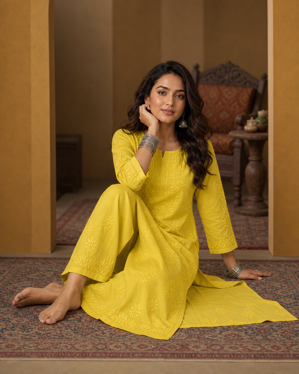 Yellow Modal Chikankari Kurti & Pyjama Set